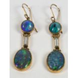 A pair of 18ct yellow gold diamond and foil backed opal drop earrings,