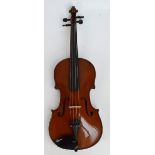 A modern full sized viola with two-piece back, length 39.2cm, unlabelled, cased.