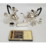 A small quantity of silver plated items including a teapot, coffee pot, three piece cruet,