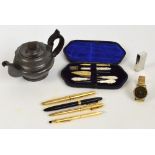 A vintage Sheaffer pen (af), three further pens, a Maruman lighter, a pewter teapot,