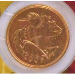 An Elizabeth II proof full sovereign, 2005.