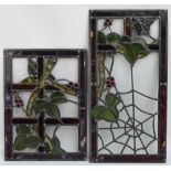 A rectangular leaded stained glass panel decorated with a spider's web, 59.5 x 30.