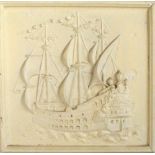 A square plaster plaque with moulded front depicting a masted ship, 69 x 67cm.