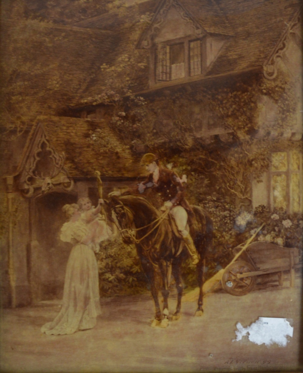 A Victorian crystoleum depicting a scene in front of a house, after A.L. VERNON, 25 x 19cm, framed.