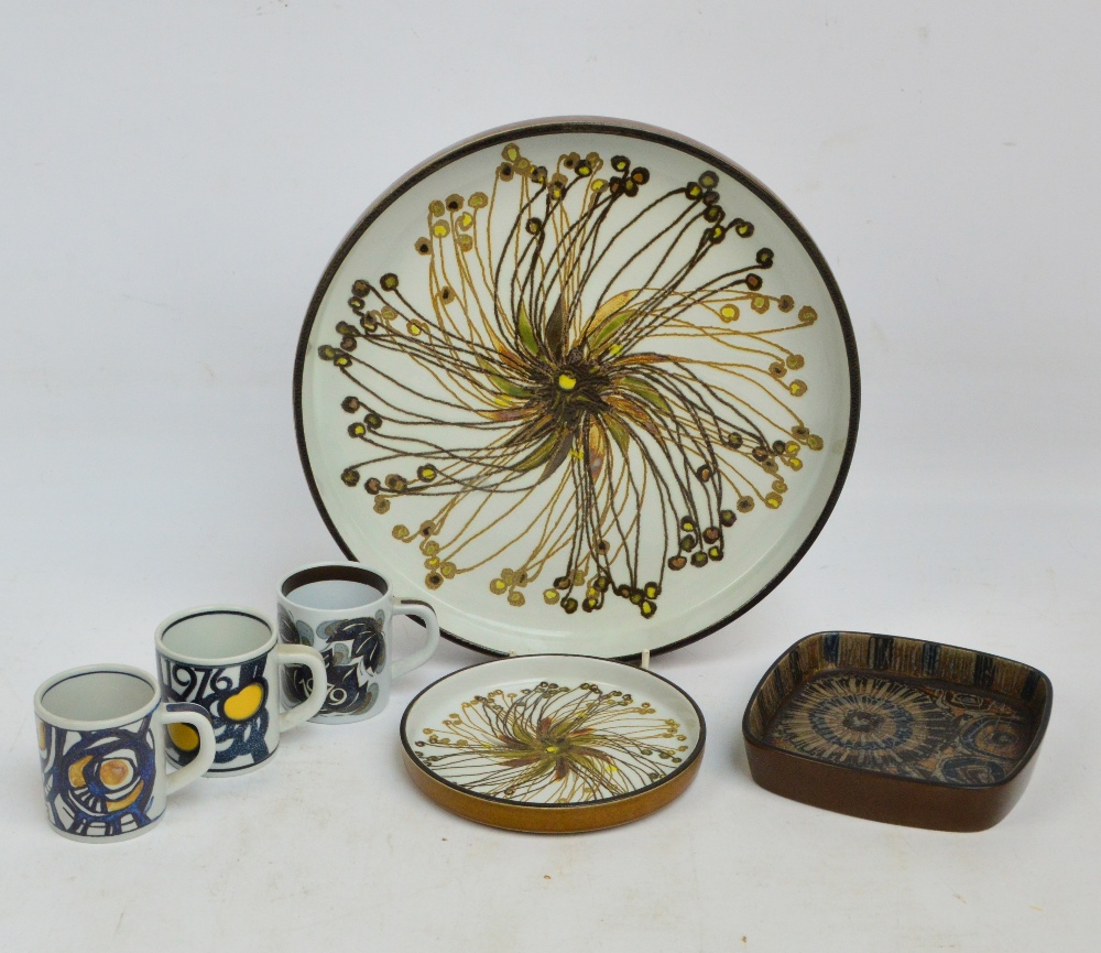 Six Royal Copenhagen fajence pieces; a circular plate with raised rim, marked to base, no.