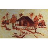 A Malaysian batique on fabric picture of stilt houses amongst trees, signed lower left, 53 x 94cm,