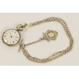 A fine silver cased open face key wind fob watch, the circular enamel dial set with Roman numerals,