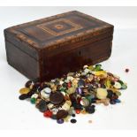 A Victorian inlaid walnut box containing a quantity of assorted buttons.