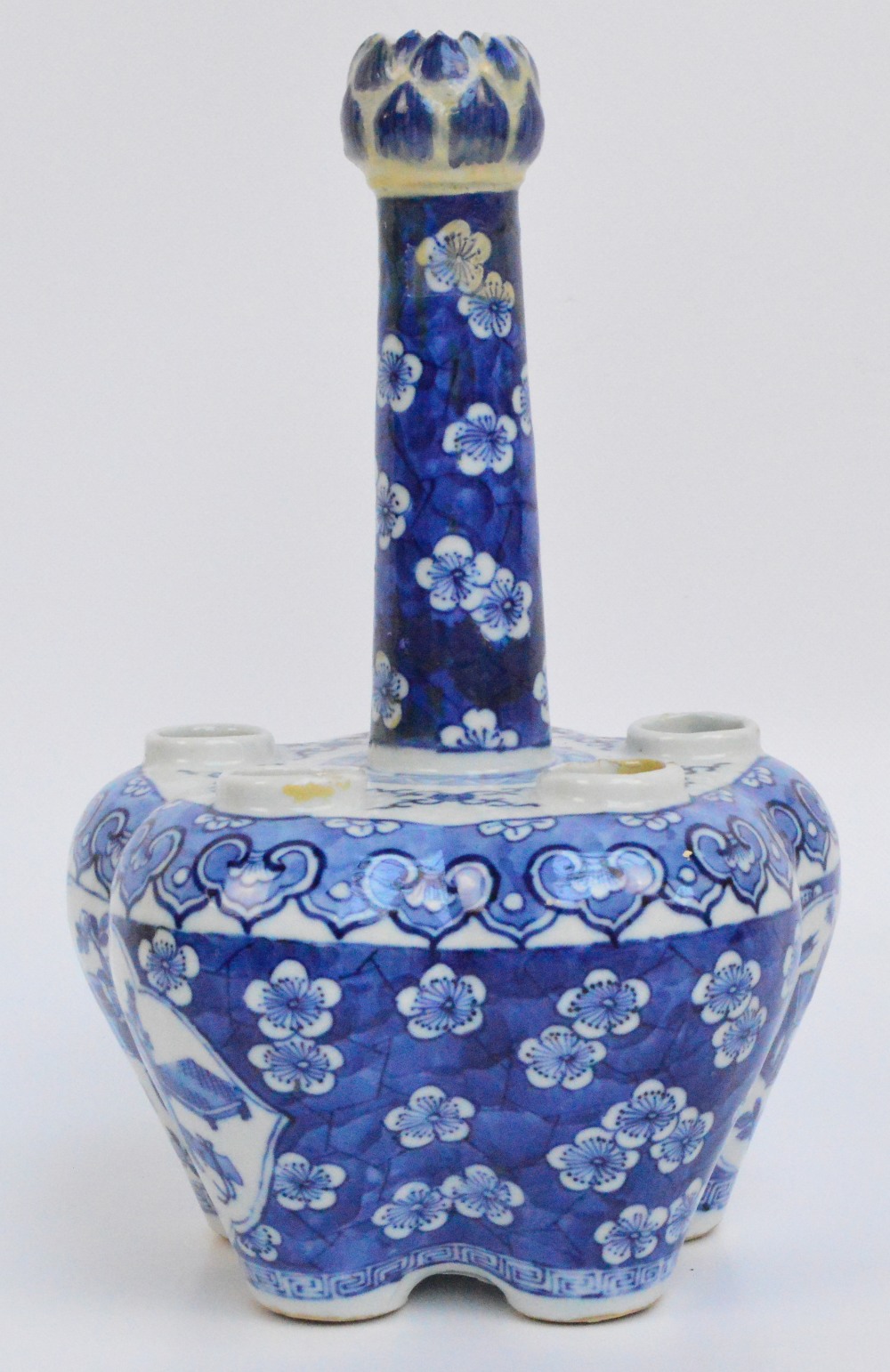A 19th century Chinese tulip vase painted in underglaze blue with two opposing panels depicting a - Image 2 of 5