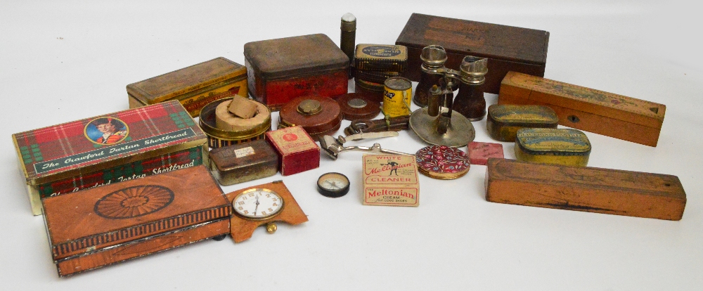 A quantity of collectors' items including a primus stove in a tin, binoculars, pencil boxes,