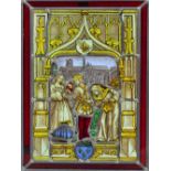 A mid 19th century leaded and stained glass panel decorated with figures before a church, 41 x 29cm.