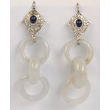 A pair of white metal diamond, sapphire and jade drop earrings,