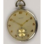 MOVADO; a platinum and diamond encrusted Art Deco slimline crown wind pocket watch,