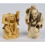 A Japanese Meiji period carved ivory netsuke modelled as an elderly gentleman carrying a double