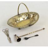 An electroplated oval pierced basket with swing loop handle with cast and lion and mask decoration