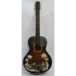An American made acoustic guitar, the body with decoration in the Hawaiian style.