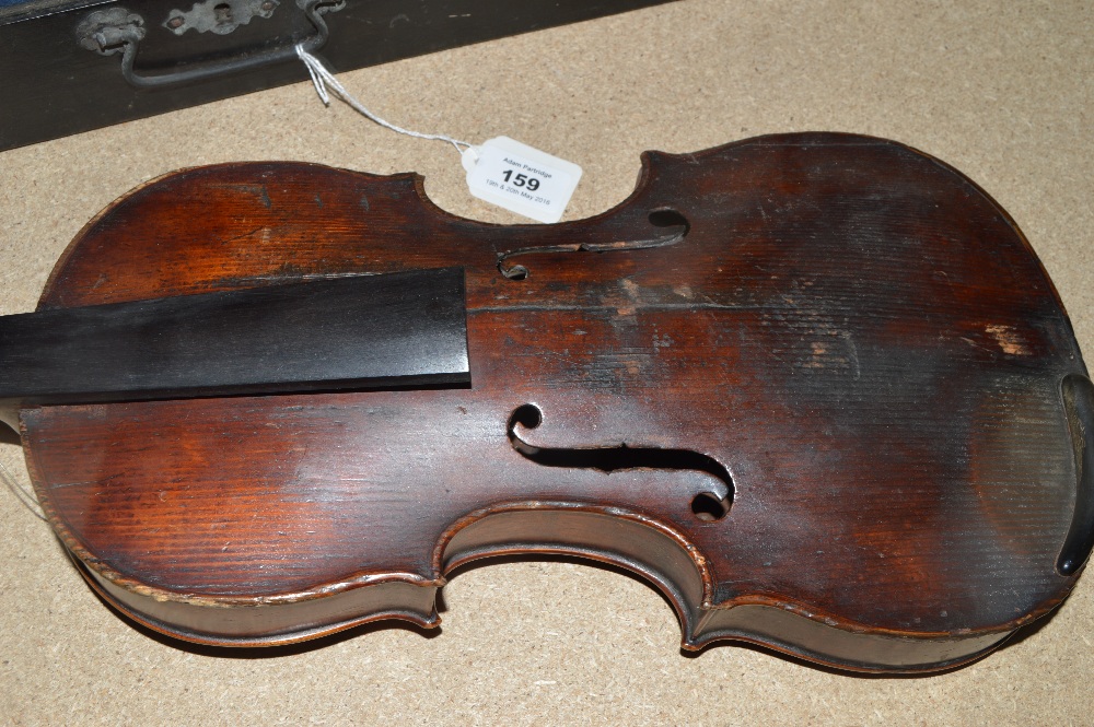 A full size violin with one-piece back, length of back 36cm, indistincly labelled, cased with a bow. - Image 3 of 4