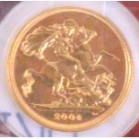 An Elizabeth II proof full sovereign, 2004.