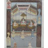 An Indian gouache on fabric depicting a court scene centred with a seated noble under a canopy