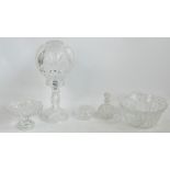 A group of clear cut glass items including a lamp, comport, large bowl,
