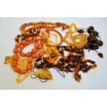 A collection of various amber and amber cut bead necklaces including bakelite examples,