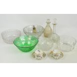 Three boxes of decorative glass including a number of decanters, finger bowl stands,