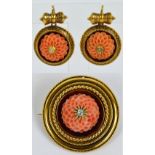 A Victorian yellow metal carved coral and diamond set garniture comprising large circular target