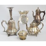 A group of various electroplated items including a teapot of panelled baluster form,