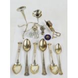A set of five Arts and Crafts hammered silver plated tablespoons, a similar matching dessert spoon,