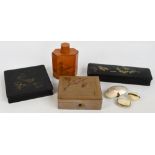A small group of Oriental collectors' items including a tea caddy, lacquered square section box,