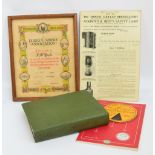 A framed Durham Miners Association 50 Years Certificate, a Danum Gas-Cap hanging instruction card,