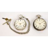 A hallmarked silver key wind open faced pocket watch with white enamel dial on short fob chain,