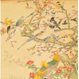 A Chinese gouache and watercolour scroll depicting a phoenix perched on a rock with numerous birds