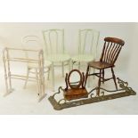 Three white painted bentwood chairs, a further chair, a towel rail,