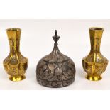 A pair of Eastern brass copper and silver overlaid vases of lobed baluster form, height 15cm,