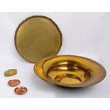 An 18th century brass oval tobacco box, width 12cm, a large brass alms dish, diameter 55cm,