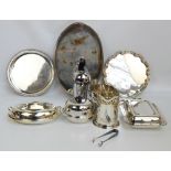 A group of electroplated items to include a twin handled tray with gallery, two further examples,