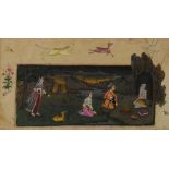 19th century Mughal school; gouache, study of figures kneeling before an elder beside a cave,