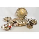 A quantity of silver plated items including a large twin handled tea tray with engraved central
