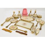 A matched set of various petit point needlework decorated dressing table items to include brushes,