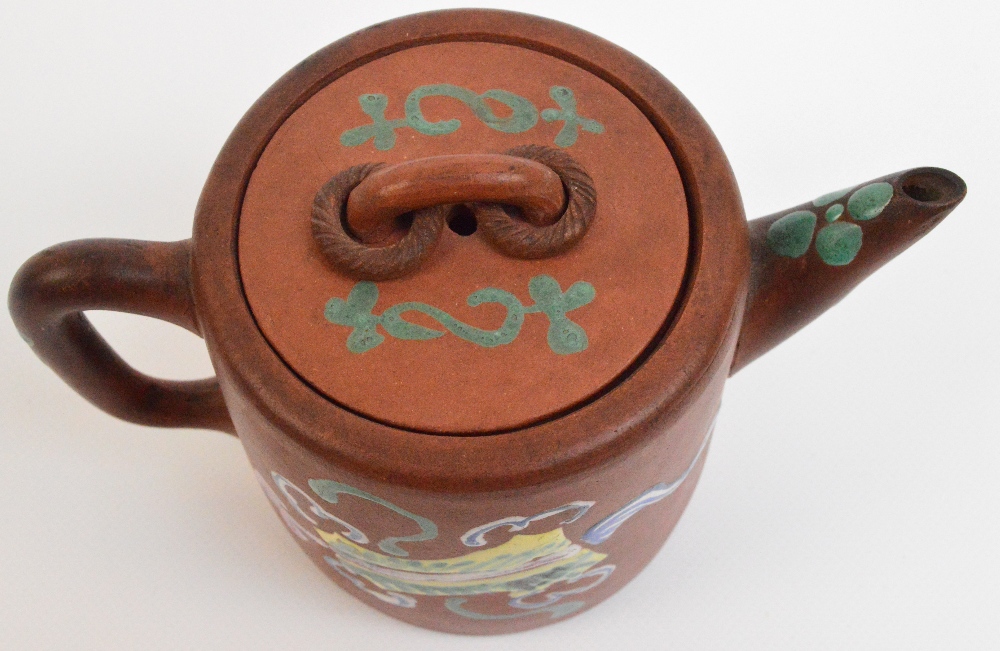 A 19th century Chinese Yixing teapot of cylindrical form, painted in enamels with various objects, - Image 3 of 4