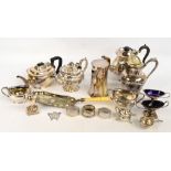 A quantity of silver plated items including embossed teapot, two hot water jugs, various cruets,