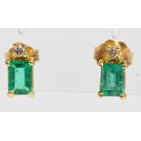 A pair of 14ct yellow gold emerald and diamond ear studs,