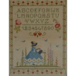 A late 19th century alphabet sampler depicting a girl watering flowers within a decorative border,