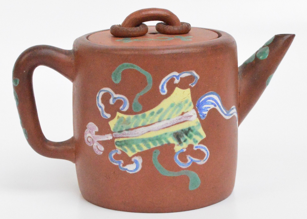 A 19th century Chinese Yixing teapot of cylindrical form, painted in enamels with various objects, - Image 2 of 4