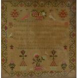 An early Victorian woolwork sampler with verses of prayers surrounded with birds and floral motifs