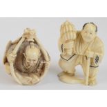 A Japanese Meiji period carved ivory okimono of a gentleman seated within a cage with hat and