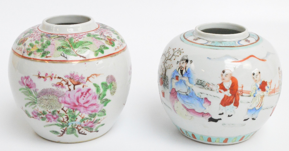 A late 19th century Chinese porcelain ginger jar painted in enamels with a noble and his attendants
