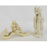 Two Chinese blanc de chine figures, one depicting a laughing Buddha seated on a ruyi sceptre,