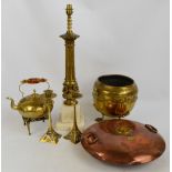 A small quantity of metalware including a brass jardinière, pair of candlesticks,